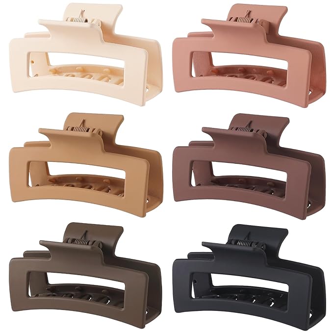 Hair Clip, 3.5 Inch Medium Square Claw Clips Rectangle Clips 6 Pack Rubber Paint Acrylic Plastic Metal, Non-Slip Design for Women Girls - Coffee