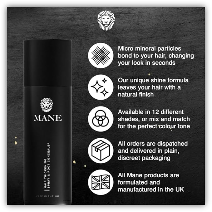 MANE Hair Thickening Spray & Root Touch Up, Instantly Thicker Hair for Men & Women, Fill in Hairlines and Hide Thinning and Fine Patches - Jet Black, 12 Colors (6.76 oz)