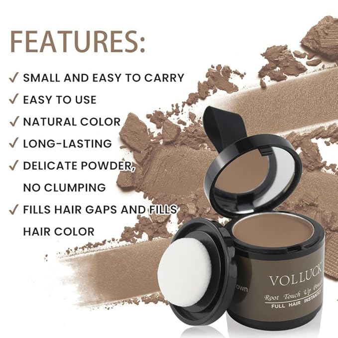 VOLLUCK Root Touch up Powder, Instant Hairline Powder for Thinning Areas and Gray Hair Coverage, Natural and Non-greasy Root Cover up for Women and Men (Brown, 0.35 Ounce)