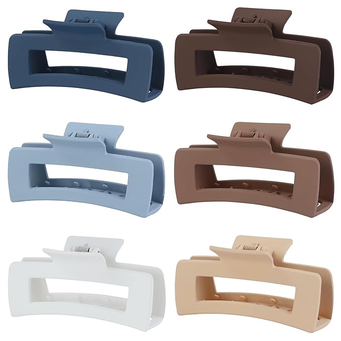 4 Inch Big Hair Claw Clips 6 Pcs Large Claw for Thick Hair Square Hair Clips for Women Rectangle Hair Clips Nonslip Acrylic Banana Jaw Clips Hair Accessories for Girls (Brown Blue)