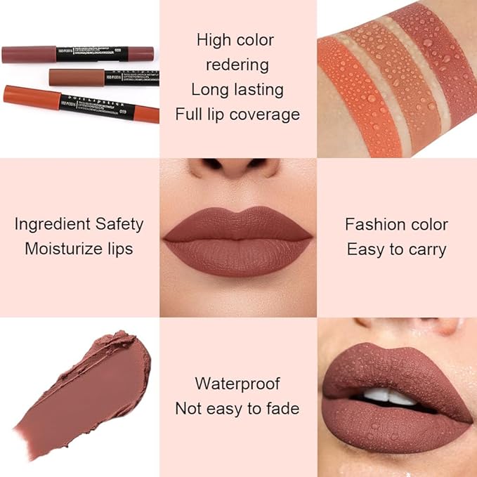 evpct 1Pcs Dark Brown Matte Lipstick and Lip Crayon Liner Pencil Pen Set for Women Roll up Lip Liner Dark brown Lip Stain Long Lasting Waterproof labiales mate magicos 24 horas originales 08