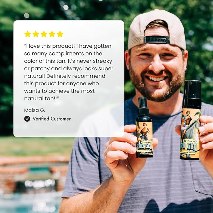 Bro Glo Self Tanner for The Boys - Quick Application Foam Mousse Easy Sunless Tan For Face and Body Oil Free Water Based Faster Skin Drying Natural Sun Kissed Bronze Color Perfect Men - 6.76 FL oz