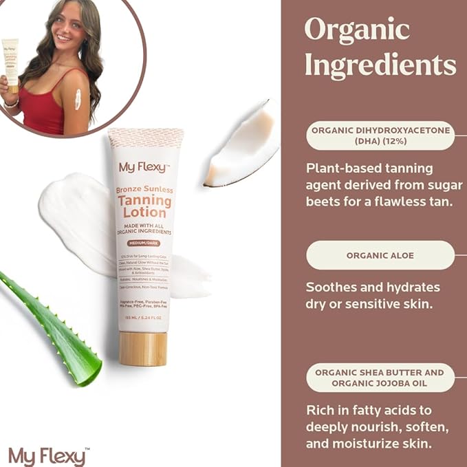 Sunless Tanning Lotion–100% Organic-Medium/Dark Tan, Natural Self Tanner, Non Toxic Gradual Tanning Moisturizer, Streak-Free Self Tanning lotion for body, Sunless Tanner for Fake Tan for Women & Men