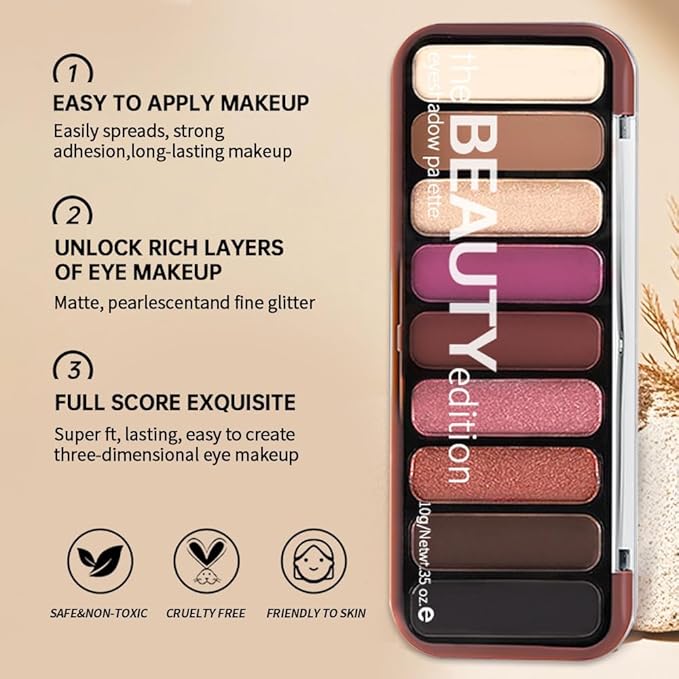 Rose Mauve Brown Eyeshadow Palette – 9 Matte & Shimmer Shades in Orchid Mauve, Berry Brown, Rose Pink & Copper – High Pigment, Blendable, Long-Lasting Natural to Glam Smokey Eye Looks