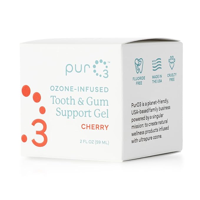 PurO3 Ozone Tooth & Gum Support – Ozonated Organic Olive Oil & Essential Oils for Complete Oral Care & Fresh Breath, Natural Fluoride-Free Solution for Deep Cleaning, Cherry/Stevia, 2 Fl Oz Gel