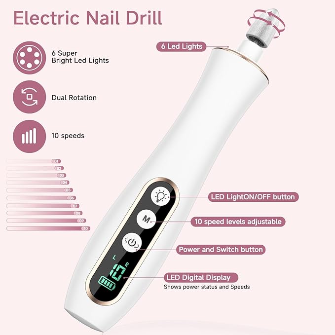 Professional Cordless Electric Nail File Set, 360 LED Light Drill Machine With LCD Display, 10 Speeds Rechargeable for Gel and Thick Toe Nails, Manicure Pedicure Kit, Christmas Gifts