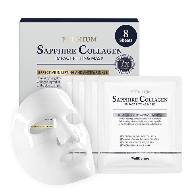 WELLDERMA Sapphire Collagen Impact Hydrogel Fitting Mask, 25g x 8 Sheets – Hydrating & Firming Micro-Hole Sheet Mask with Collagen Water 850,294ppm, Niacinamide & Peptides