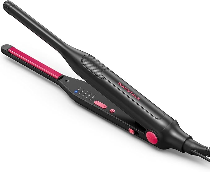 Wavytalk Small Flat Iron for Short Hair/Pixie Cut/Bangs/Edges, 3/10" Pencil Flat Iron, Mini Hair Straightener with Anti-Pinch Design, Dual Voltage, Hot Pink