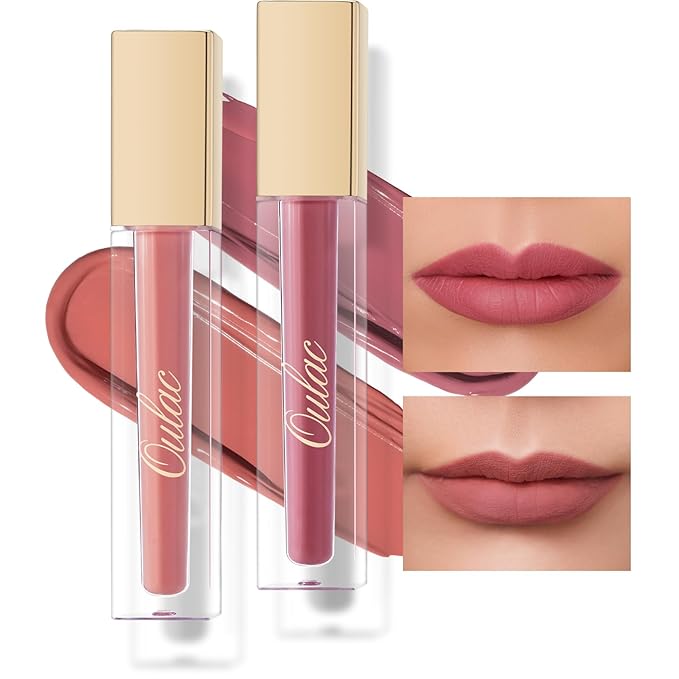 Oulac Matte Liquid Lipstick 2 PCS Set, Long Lasting Lipstick Waterproof Lip Stain, No Transfer, Creamy High Pigmented Formula with Rose Oil, Vegan [M11+M12]