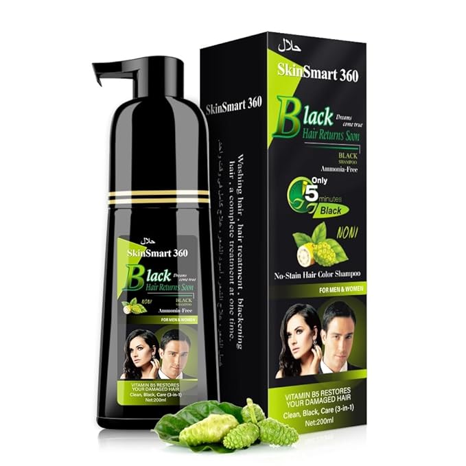SkinSmart 360® No-Stain Hair Dye Shampoo – Full Gray Coverage for Men & Women, 3-in-1 Color + Cleanse + Condition, Natural Ingredients, Easy No-Mix Formula, 200 mL (Natural Black)