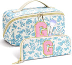 Personalized Travel Makeup Bag Set,Initial Travel Cute Floral Makeup Organizer Bag,Toiletry Skincare Cosmetic Bag, Valentine’s Day Gifts for Women/Girls,Open Flat Toiletry Pouch with Brush Pocket-S