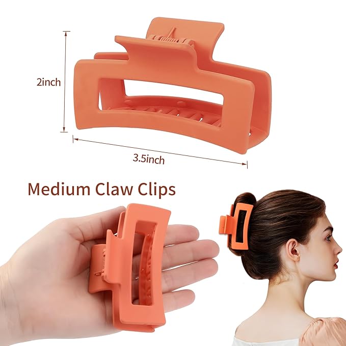 3.5 Inch Medium Hair Claw Clips 6 Pack Hair Clips for Women Square Rectangle Claw for Hair Banana Jaw Clips Hair Accessories for Girls (Orange)
