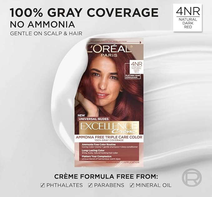 L’Oreal Paris Excellence Universal Nudes Permanent Hair Color, Ammonia Free Hair Dye for Gray Hair Coverage, 4NR Natural Dark Red, 1 Hair Dye Kit