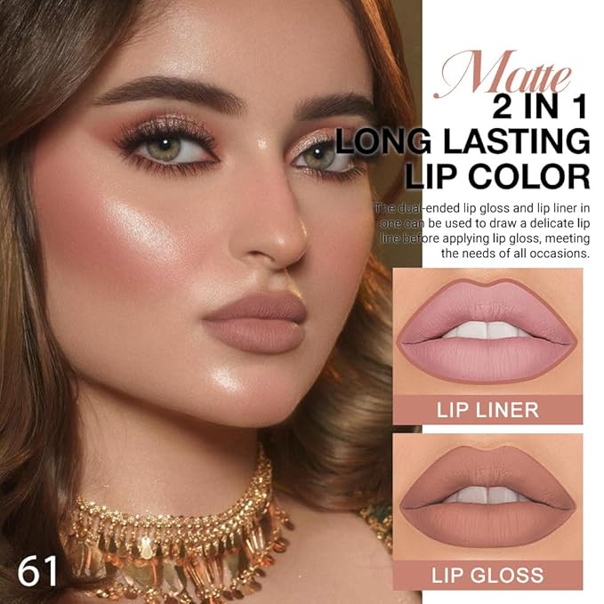 evpct 1Pcs Nuetral Nude Matte Lip Liner & Liquid Lipstick Stain Makeup Set for Women, Nude Lip Liner Stain Long Lasting Waterproof Smudge Proof, Cruelty Free Lip Stick Makeup 24 hours originales, 61