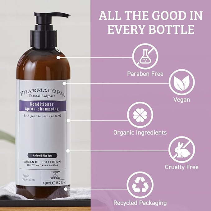 Pharmacopia Hotel Argan Oil Conditioner - Natural Hydrating, Vegan & Cruelty-Free Hair Care with Aloe Vera, Olive Leaf Extract and Chamomile for Dry Hair and Detangling, for Men and Women, 16.2 oz
