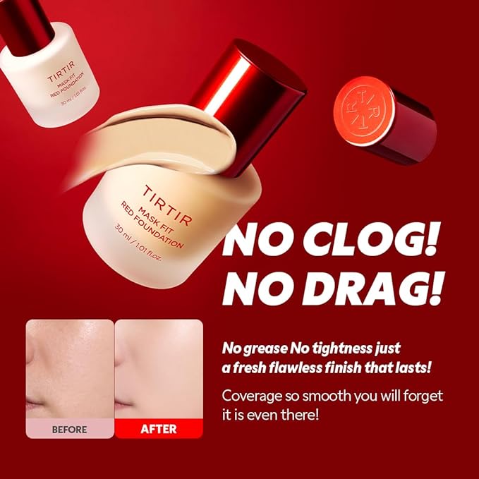 TIRTIR Mask Fit Red FoundationㅣLong Lasting Flawless Coverage, Energy Essence, Lightweight, Hydrating, Pore-Blurring, Breathable Satin Finish, Makeup, Radiant Skin, #24N Latte, 1.01 Fl Oz