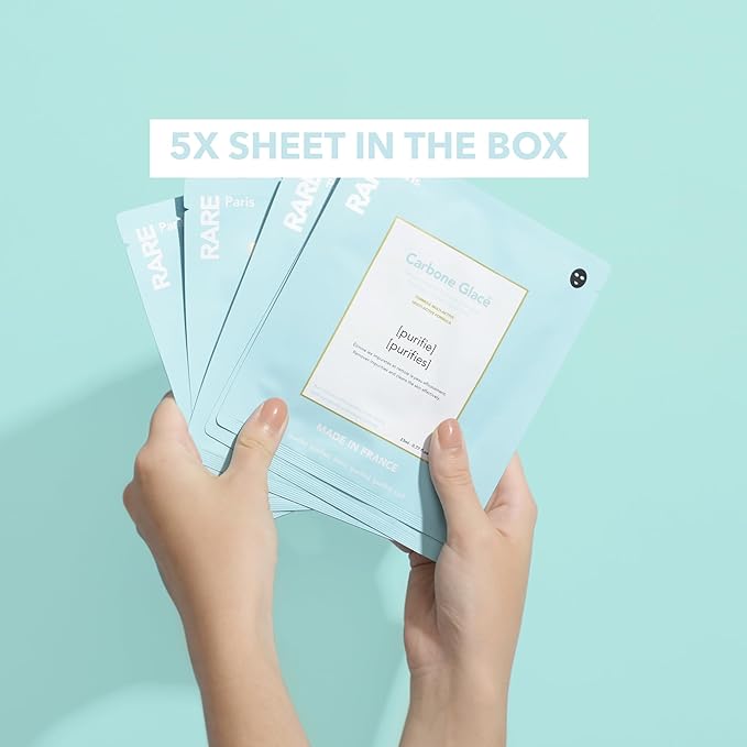 RARE Paris - Carbone Glacé - Purifying Carbon Black Facial Sheet Mask - Cleanses & Tightens - With Hamamelis & Mallow - Purifying, Firming & Revitalizing - Multi-Active Serum Formula - 5 Pack