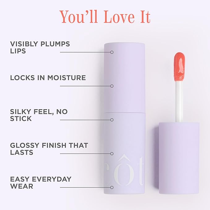 Cote Beauty's Peptide Lip Shine in Branson, Ultra Hydrating & Long-Lasting Coral Plumping Lip Gloss for Women with Hyaluronic Acid, Shea Butter & Jojoba Oil, Vegan & Cruelty-Free, 0.12 Fl Oz