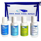 TRISWIM Shot Set in Travel Bag | 2oz Travel Size Chlorine Removal Shampoo, Swimmer’s Conditioner, Swim Body Wash and Lotion | Removes Chlorine, Bromine, Hard Water Minerals & Saltwater and odors