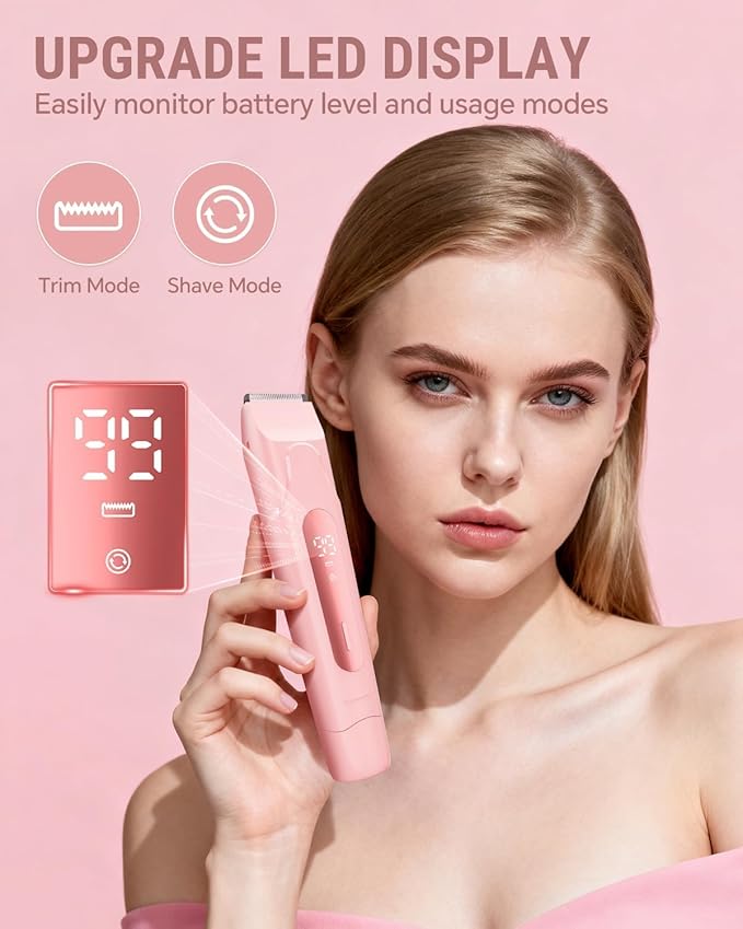 2026 Upgrade Bikini Trimmer for Women, 2 in 1 Electric Shaver with LED Display, IPX7 Waterproof Pubic Hair Trimmer, Rechageable Womens Electric Razor for Armpit Leg Body Facial (Pink)