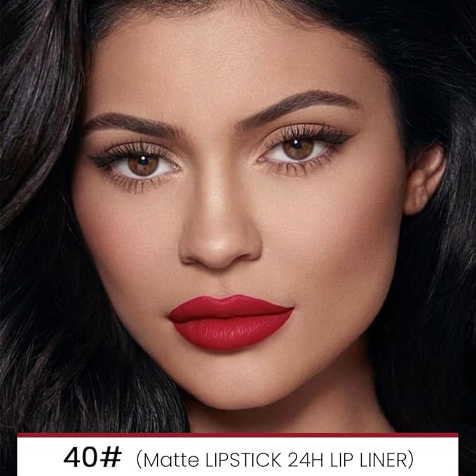 evpct 1Pcs Red Velvet Matte Lip Liner and Lipstick Combo Set Kit for Women, Dark Ruby Sexy Red Magic 24 Hours Lipstick and Lip Liner Gloss Stain Makeup Set Long Lasting Waterproof 24 labial, 40#