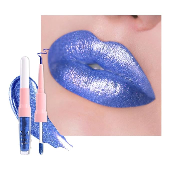 evpct Blue Metallic Glitter Lip Liner and Lipstick Combo Lip Gloss Stain Set Makeup for Women Long Lasting Waterproof 24, Non Stick Cup Metal Shine Shimmer Iridescent Liquid Lipstick 24