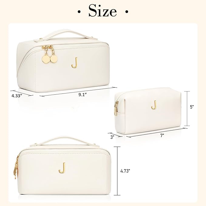 Birthday Gifts for Women Teen Girl, Personalized Initial Makeup Organizer Bag Set, Open Flat Travel Cosmetic Bag With Clear Divider and Handle(Beige,J)