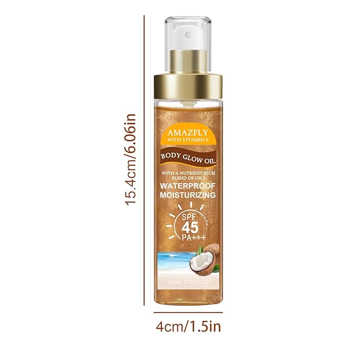 Body Glow Oil, SPF 45 PA+++, Sunscreen Body Oil with AMBER Mica, Moisturizing Coconut with Vitamin E, Glow Moisturizer, Lightweight, Water Resistant, 3.72 fl oz (#3 AMBER)