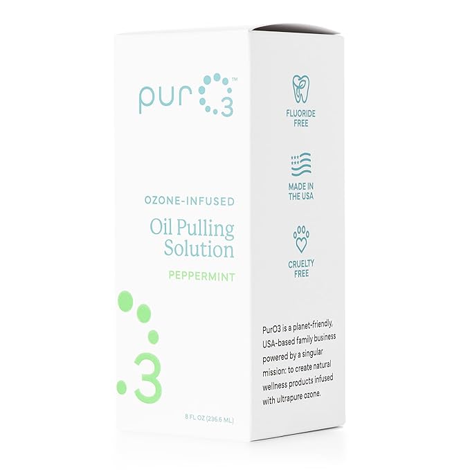 PurO3 Ozonated Oil Pulling Solution - Organic, Ozone Infused Coconut, Sesame, Sunflower, & Peppermint Essential Oils for Teeth & Gums - Fluoride-Free, Non-Toxic & Non-GMO Oral Care, 8 oz