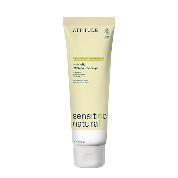 ATTITUDE Body Lotion for Sensitive Skin with Oat, EWG Verified, Dermatologically Tested, Vegan, Vanilla Cream Scent, 8 Fl Oz