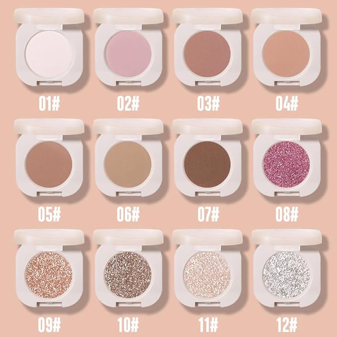 Monochrome Glittler Shimmer Eyeshadow Palette,Light Brown White Shimmer Powder Eyeshadow,24 Hour Waterproof Blendable Pressed Glitter Single Eye Shadow Apply Makeup Easily, Vegan