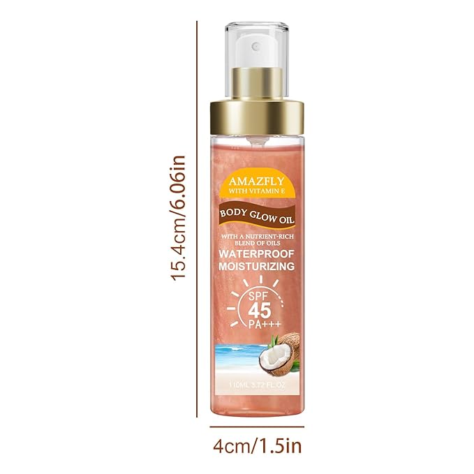 Body Glow Oil, SPF 45 PA+++, Sunscreen Body Oil with Rose Gold Mica, Moisturizing Coconut with Vitamin E, Glow Moisturizer, Lightweight, Water Resistant, 3.72 fl oz,ROSE
