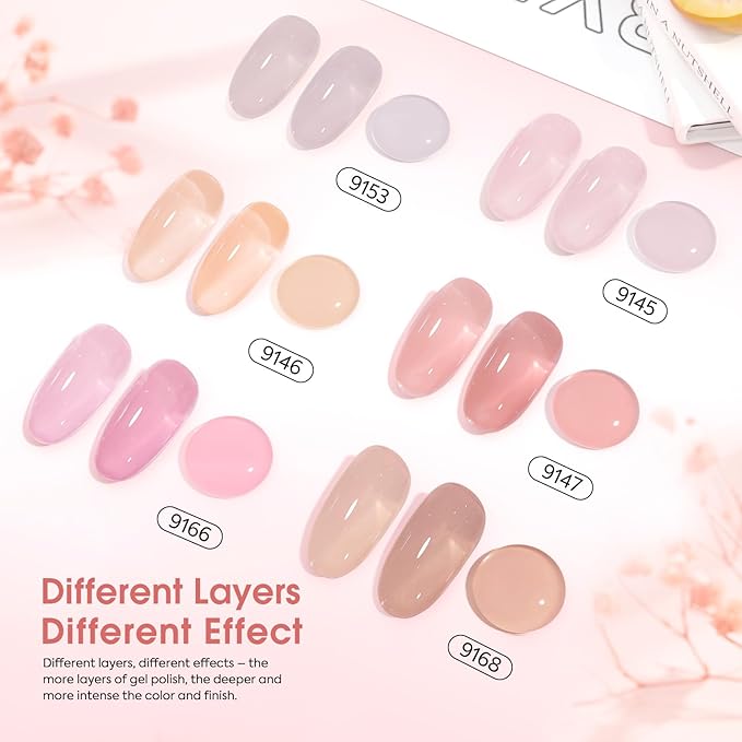 CANNI 6 Colors 9 Ml Jelly Nude Pink Gel Nail Polish Set- Neutral Transparent Pink Colors Sheer Gel Polish Kit, Soak Off LED Nail Gel Manicure Kit DIY at Home Salon Gifts
