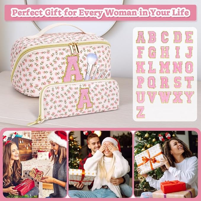 Personalized Travel Makeup Bag Set,Initial Travel Cute Floral Makeup Organizer Bag,Toiletry Skincare Cosmetic Bag,Valentine’s Day Gifts for Women/Girls,Open Flat Toiletry Pouch with Brush Pocket-S