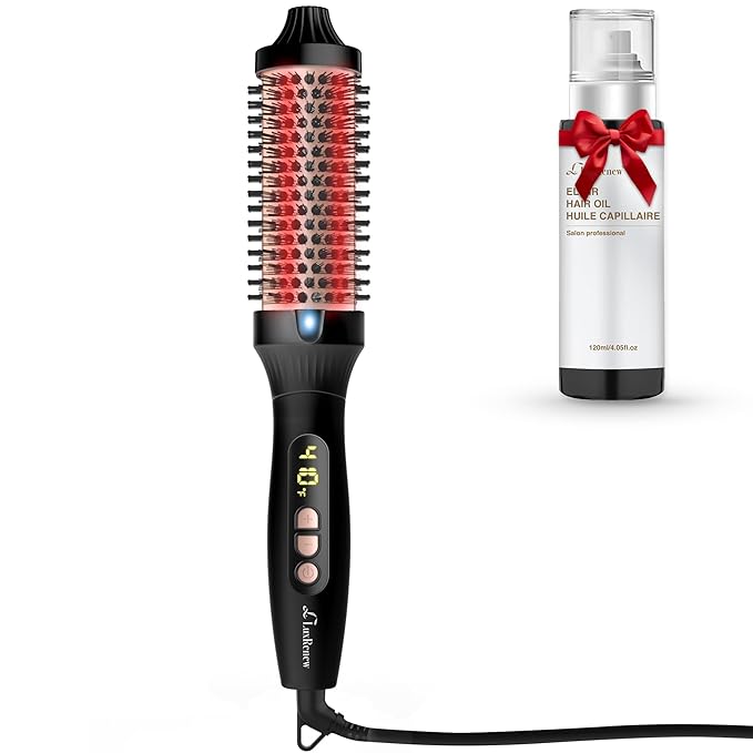 Infrared Bounce Brush, Heated Thermal Round Brush with Negative Ion Technology, 10 Heat Settings for Blowout Look with Hair Care Oil, Straightening & Curling, Suitable for All Hair Types, Black
