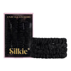 SILKIE x4 Set - Better than Satin - 100% Pure Mulberry Silk Black on Black Skinny Scrunchies Travel Pouch Everyday Hair Ties Elastics Hair Care Ponytail Holder No Damage (Noir)