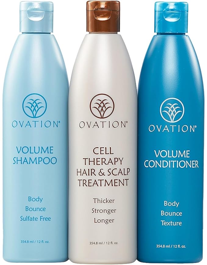 Ovation Hair Volumizing 3-Step Bundle for Fine Hair - with Volume Shampoo and Conditioner, Cell Therapy Hair Growth & Healthy Scalp Treatment - Add Weightless Volume, Bounce & Fullness