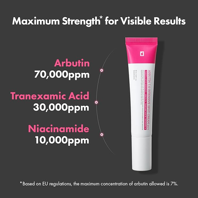 TOSOWOONG Arbutin 7% Intensive Spot Cream with 70,000ppm Arbutin, 3% Tranexamic Acid, 1% Niacinamide, Glutathione, Dark Spots, freckle, Blemishes, Anti-pigmentation, Korean Skin Care, 20ml, 0.67 fl.oz