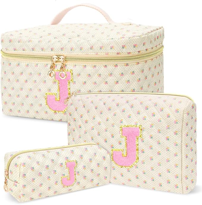 3 PCS Travel Makeup Bag Set, A–Z Initials Cotton Quilted Cosmetic Bag for Women & Preppy, Personalized Toiletry Bag Travel Accessories Makeup Brushes Organizer, Valentine’s Day & Birthday Gift for Her