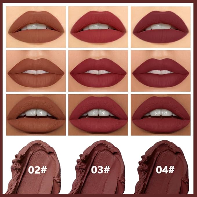 3 Pcs Brown Purple Red Matte Cream Lipstick,Velvet Waterproof Long Lasting Smudge Proof for Women Lip Stick,Magic Lipstick 24 Hours Original Lip Liner Makeup,labiales mate 24 horas originales,Vegan