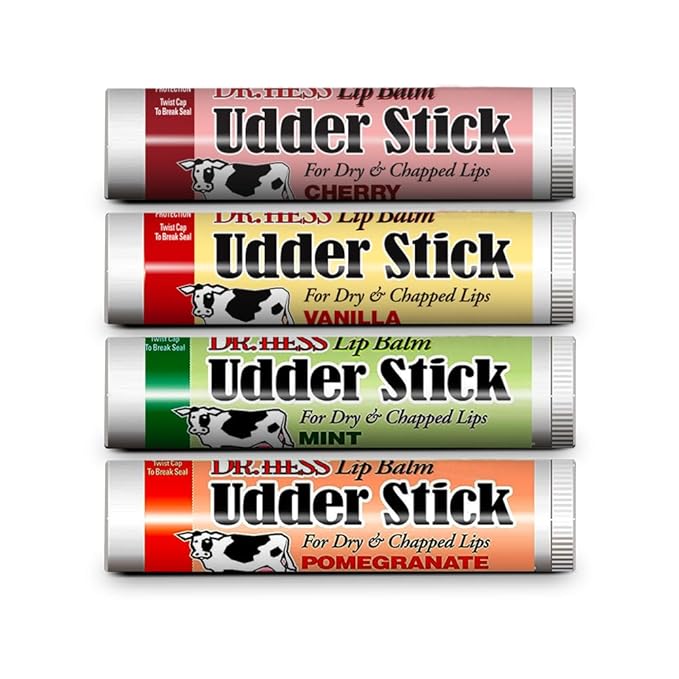 Dr. Hess Original Udder Stick SPF Lip Balm, Soothing Moisturizer Sun Screen Balm for Dry Lips with Jojoba, Beeswax & Shea Butter, Total Lip Care, Hydration & Repair, Assorted Flavors (PMVC), 4 Pack
