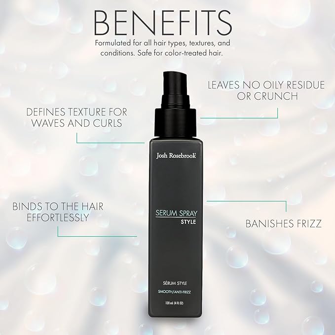 Josh Rosebrook Serum Spray - anti-frizz, wave and curl smoothing and defining hair styling spray that also performs as a nourishing, herbal-active scalp treatment - 120 mL - 4 Oz