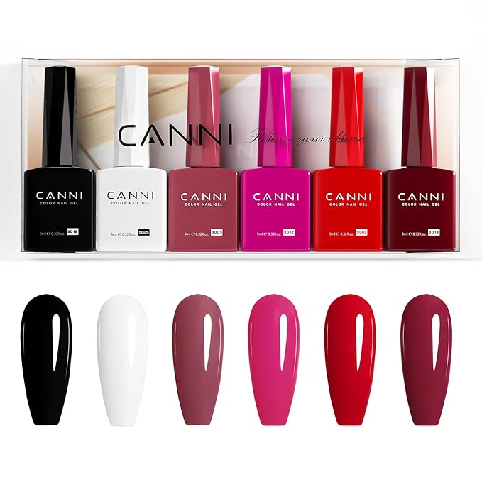 CANNI 9ml Hema-Free Gel Nail Polish Set- 6Pcs White Black Burgundy Red Purple Nude Colors Gel Polish Kit, Soak Off LED Nail Gel Manicure Kit DIY at Home Salon Gifts for Women Girls