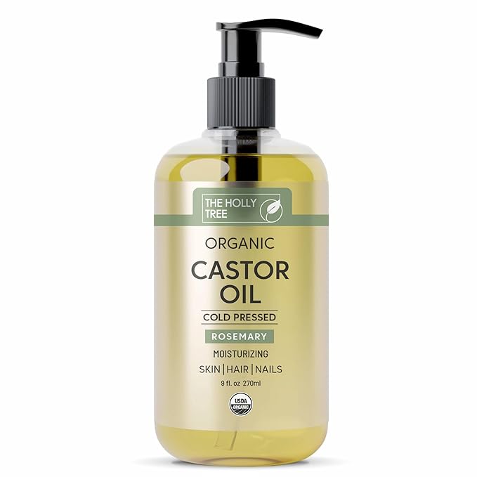 Organic Castor Oil 9 fl oz - Rosemary Infused Cold Pressed - 100% Pure & Hexane Free - Castor Oil for Hair Growth - Moisturizing & Nourishing for Face & Body - The Holly Tree