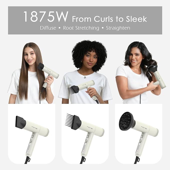 TOME 1875W Hair Dryer High Speed Motor Brushless 110000 RPM Blow Dryer Negative Ionic Cool Shot Lock with Diffuser Comb Nozzle Light Weight