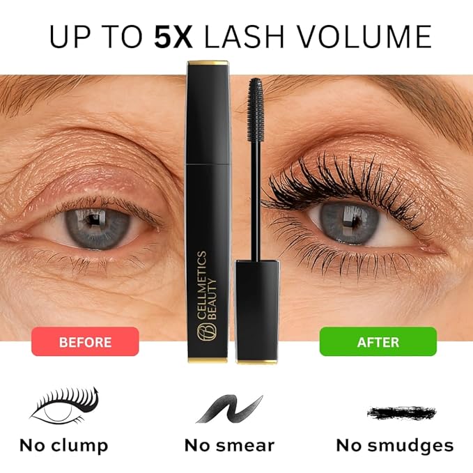 Cellmetics Mascara for Older Women 60 Plus, Volumizing & Lengthening Tubing Mascara with Lash Growth Effect, Hypoallergenic, Smudge-Free and Gentle for Sensitive Eyes (Black)