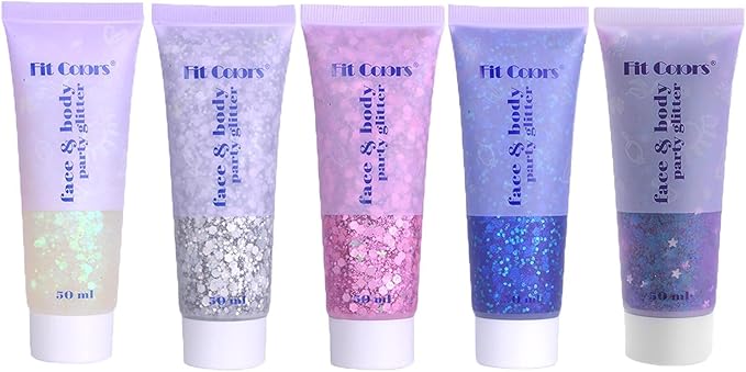 Body Glitter Face Glitter Gel: Singer Concerts Disco Festival Rave Accessories Face Glitter Makeup 150ml Chunky Sequins Mermaid Face Body Hair Glitter Gel (White+Silver+Pink+Blue+Purple)
