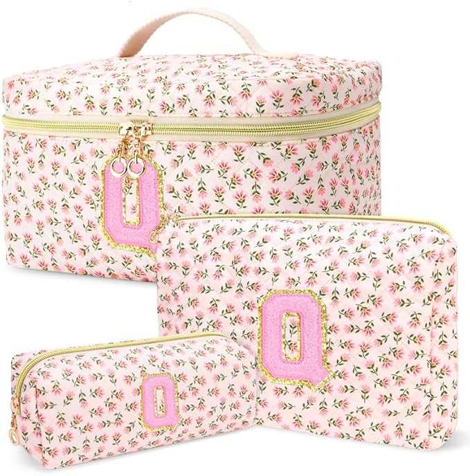 3 PCS Travel Makeup Bag Set, A–Z Initials Cotton Quilted Cosmetic Bag for Women & Preppy, Personalized Toiletry Bag Travel Accessories Makeup Brushes Organizer, Valentine’s Day & Birthday Gift for Her