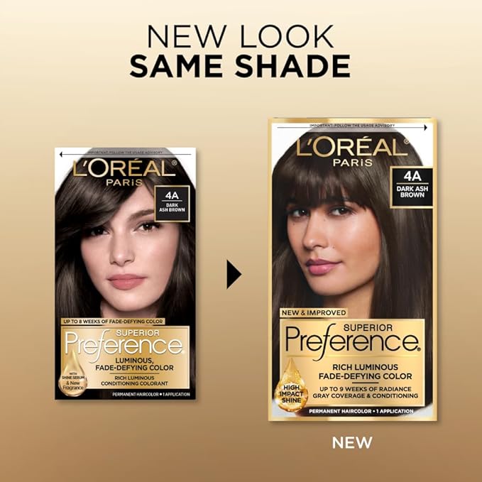 L'Oreal Paris Superior Preference Luminous Fade-Defying Permanent Hair Color, Hair Dye For Up to 9 Weeks of Radiance, Dark Ash Brown 4A, 1 Hair Dye Kit