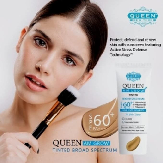 QUEEN AM GLOW | TINTED SunScreen SPF 60 Primer-Anti Aging, Face Moisturizer- Vitamin B3, B5, E- Non-Greasy, Silky Touch, oil free, fragrance free by QUEEN NATURAL NEW YORK (Pack of 1)